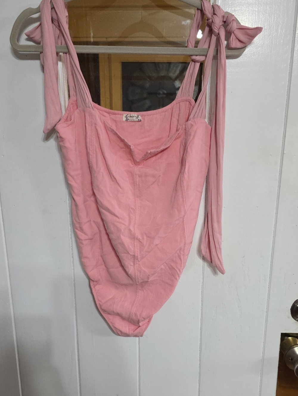 Intimately Free People Women's Bodysuit Pink Thong Tie Straps Stretchy Sz L GUC